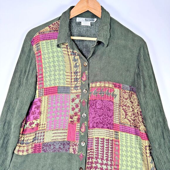 CM Shapes Blouse Womens Large Green Patchwork Rayon Crinkle Boho Artsy - Picture 2 of 11